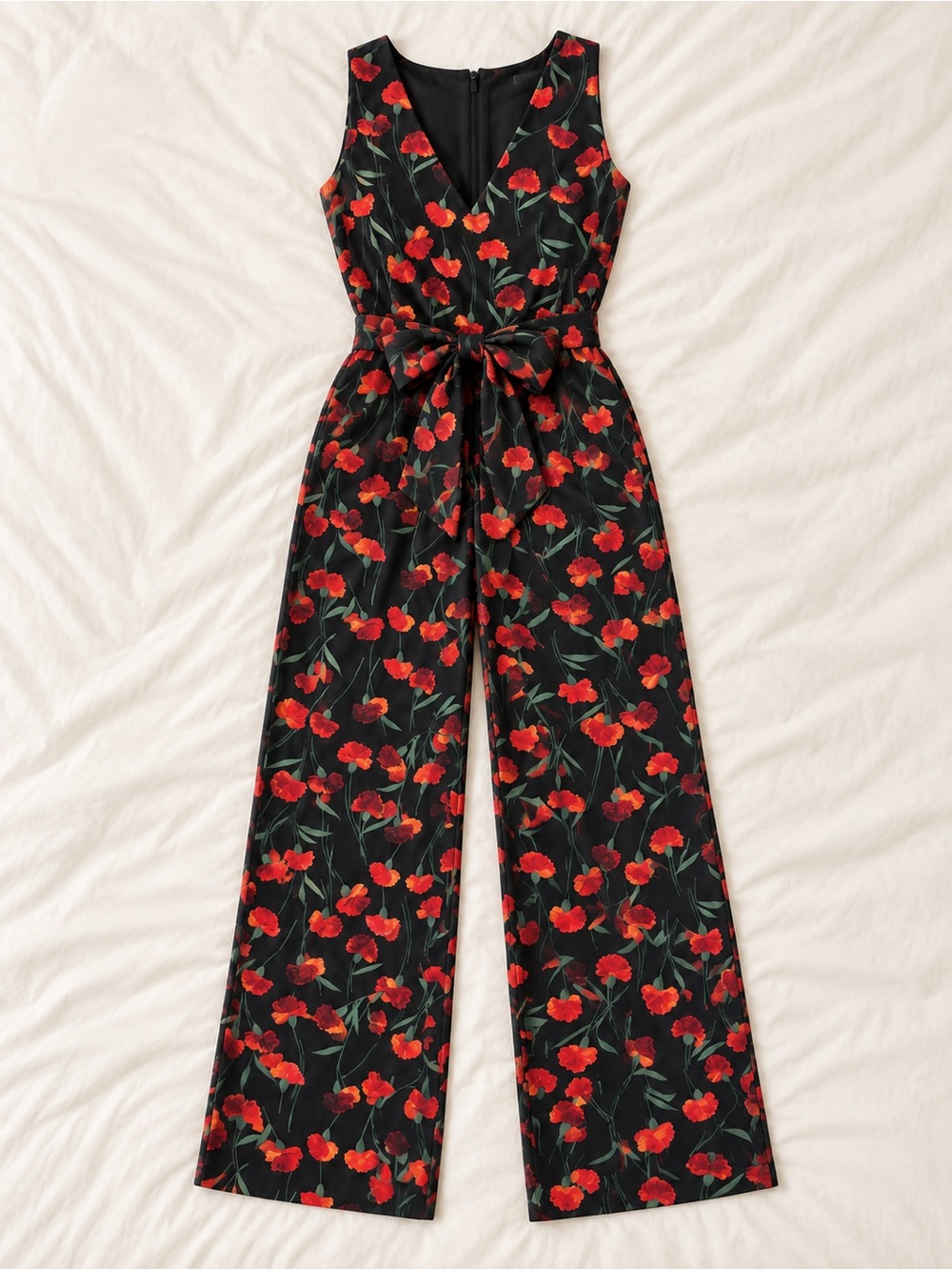 Karl Lagerfeld Black Floral V-Neck Wide-Leg Jumpsuit with Red Flowers
